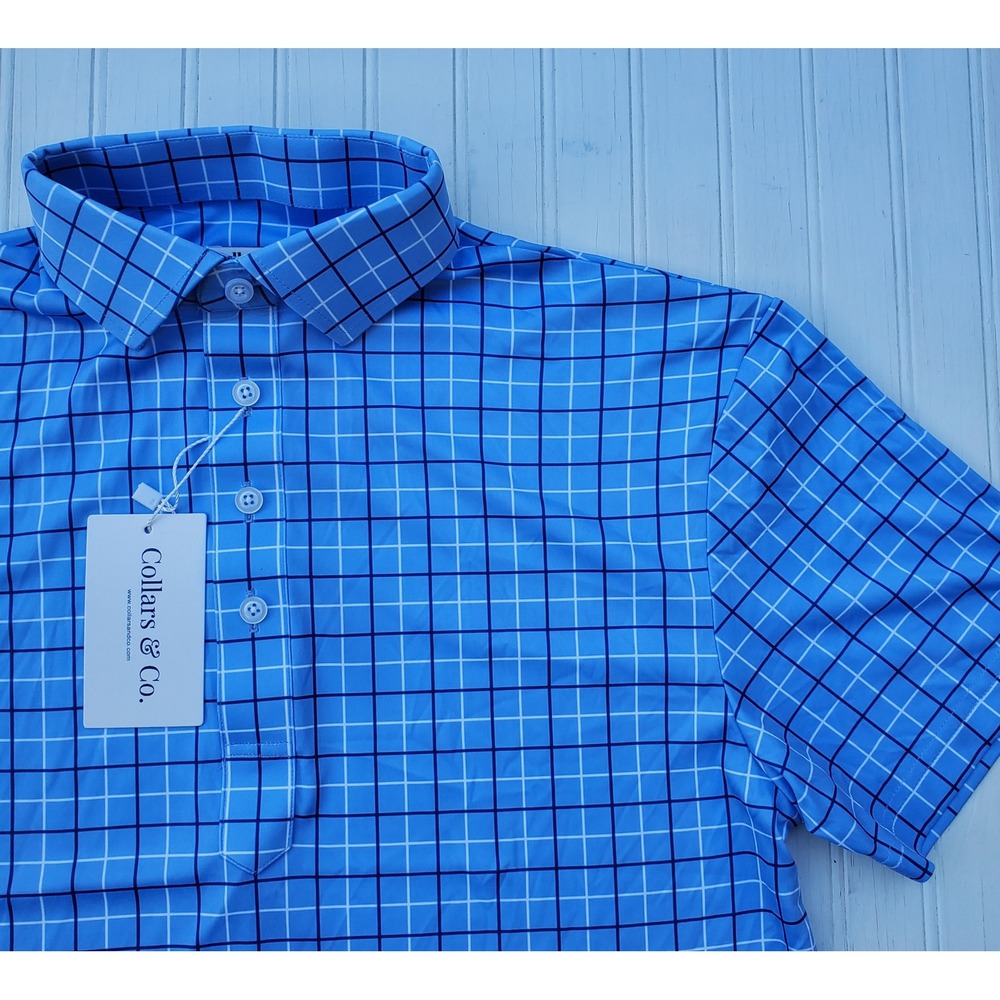 Collars & Co Mens Dress Collar Polo Shirt Blue Windowpane Check Small NWT